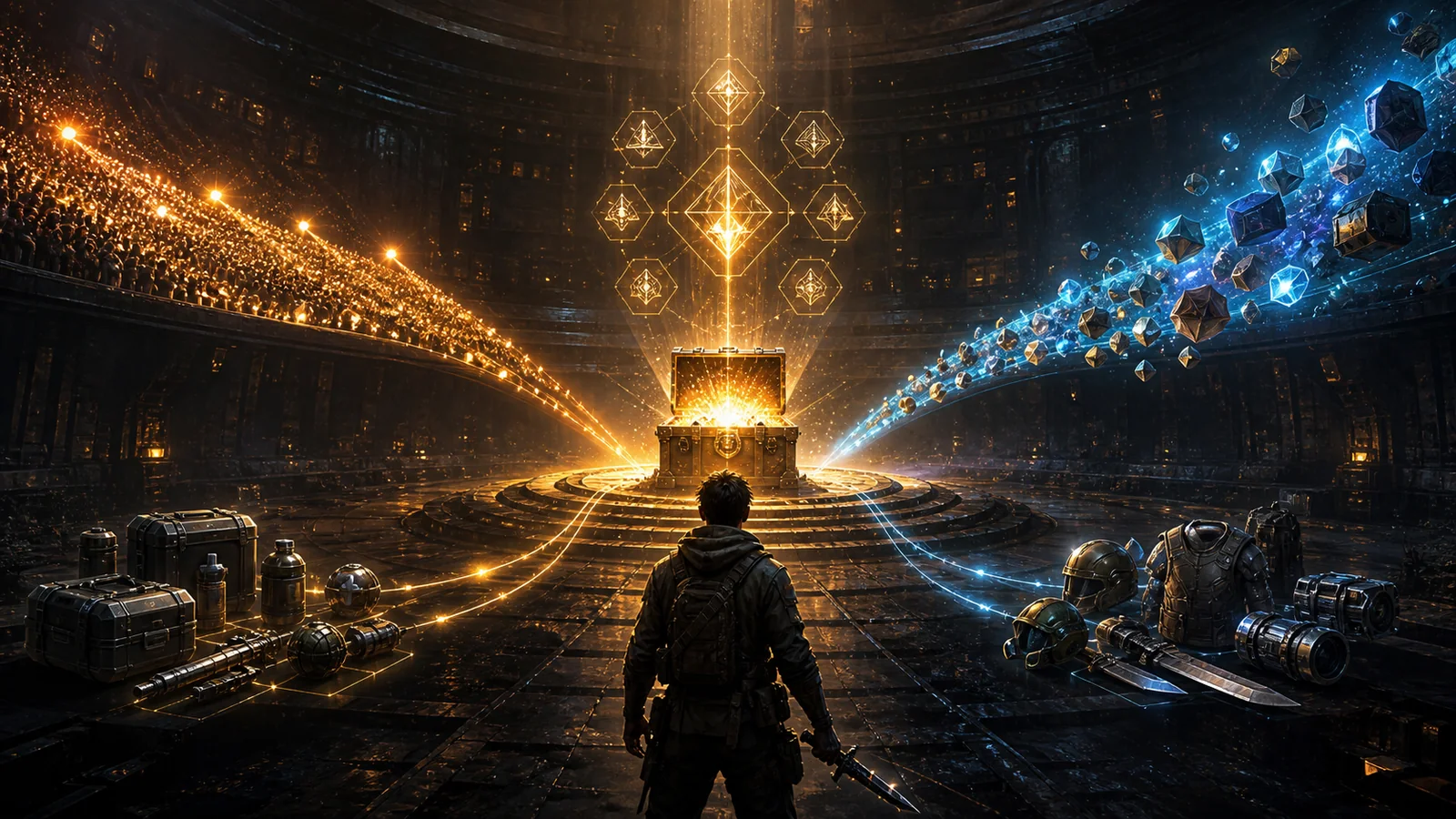 An anonymous survivor faces a glowing reward chest as audience light, achievement symbols, equipment, and resource streams converge inside a vast arena
