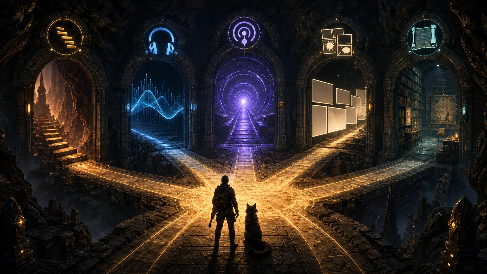 An anonymous survivor and long-haired cat companion face five illuminated dungeon paths representing the sequel, audiobook, audio drama, visual adaptation, and wiki review