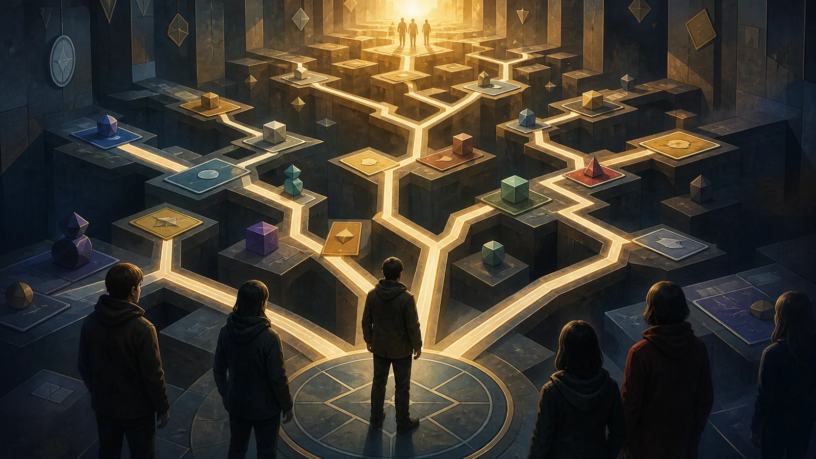 A glowing rule map divides several anonymous paths through a dark game chamber