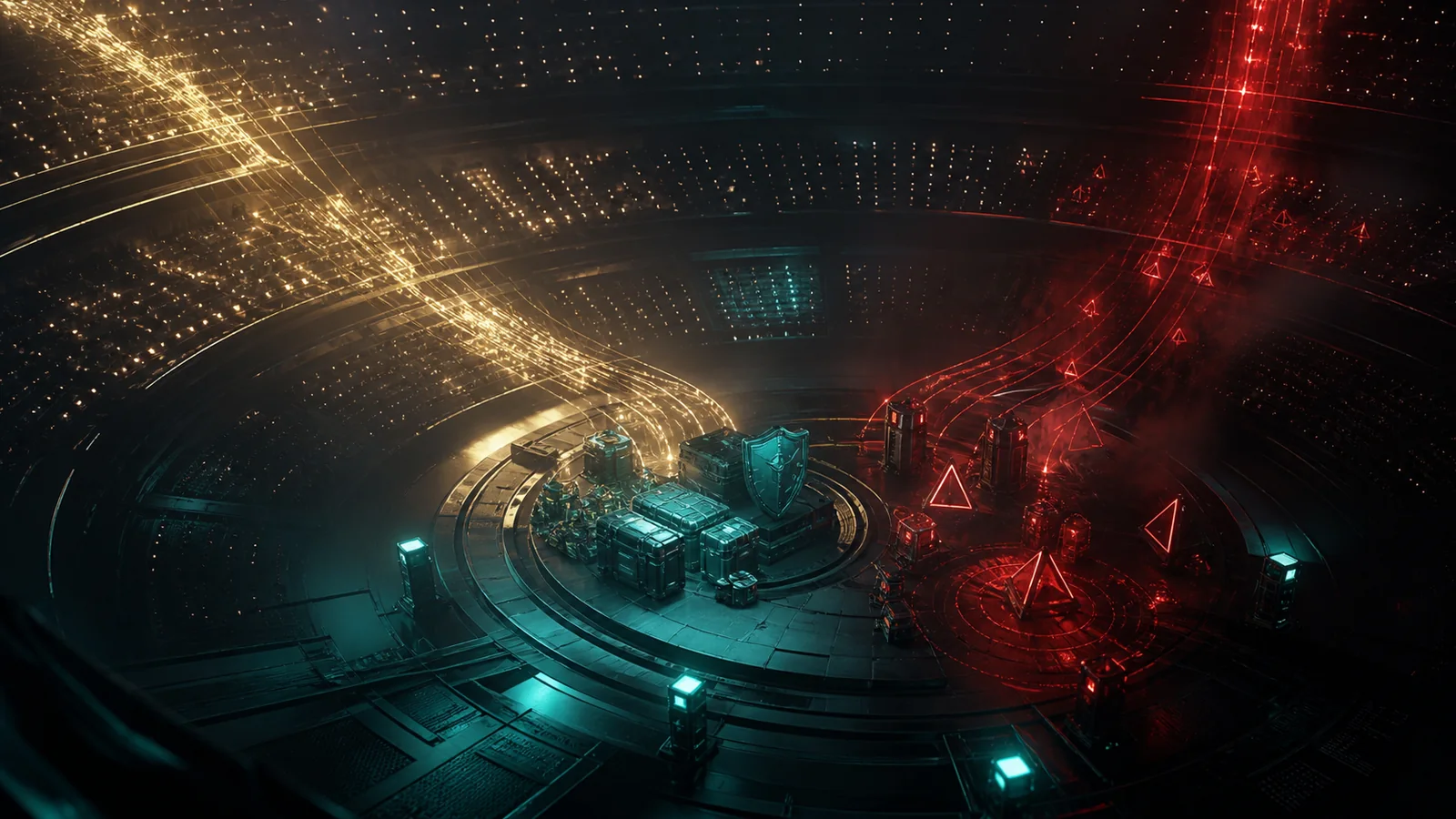 An empty futuristic arena where streams of audience light split toward protective supplies and glowing danger markers