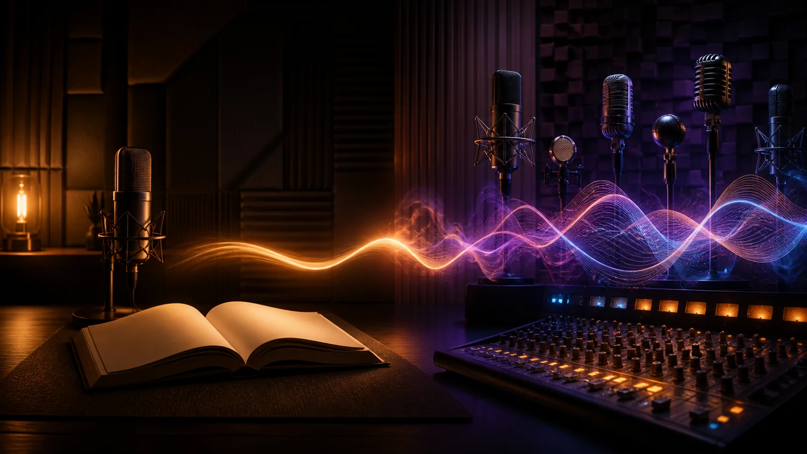 An open unmarked book and single studio microphone connect by a glowing waveform to multiple microphones and a mixing console
