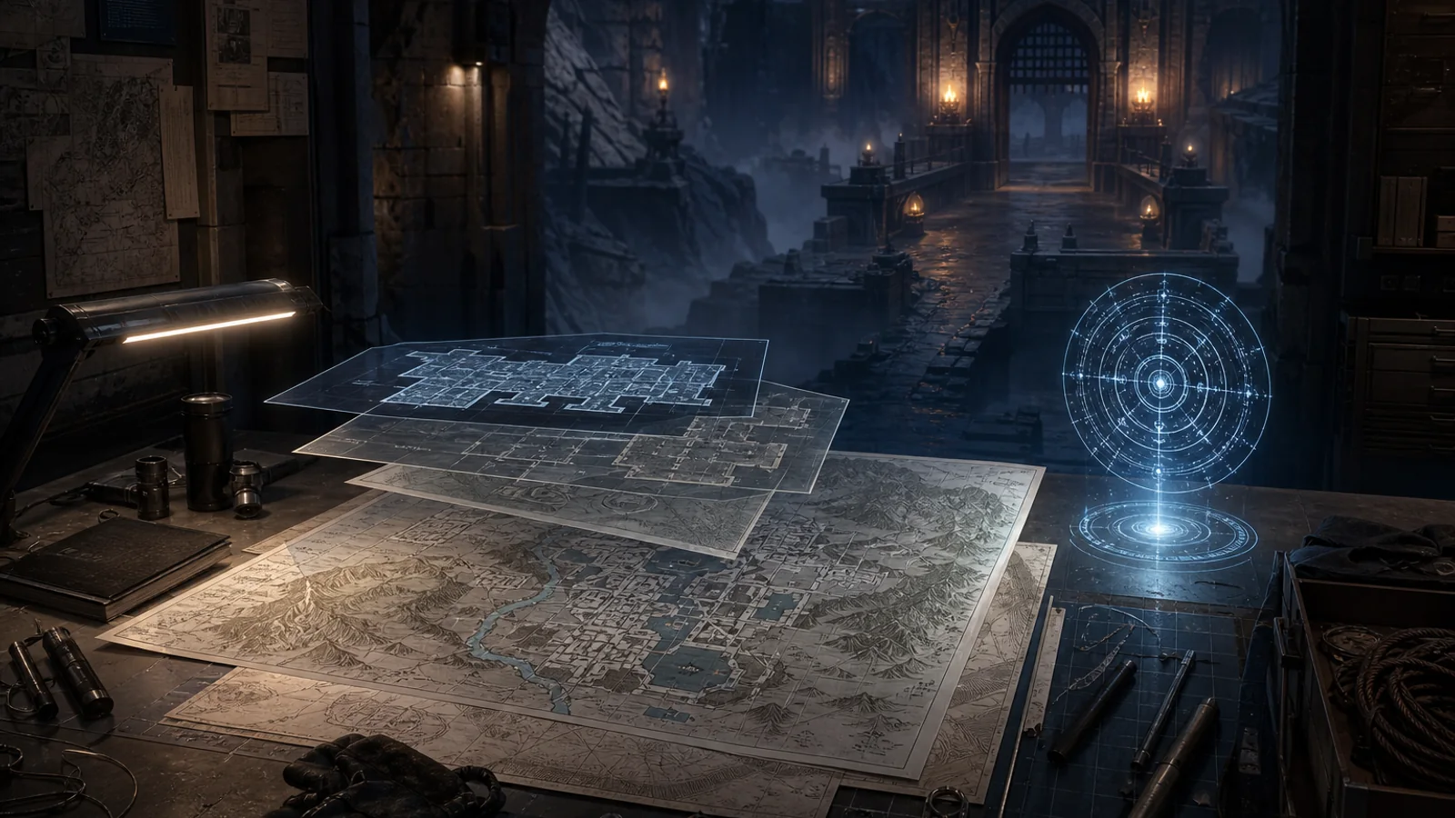 An empty tactical planning chamber with layered maps and a glowing dungeon gate