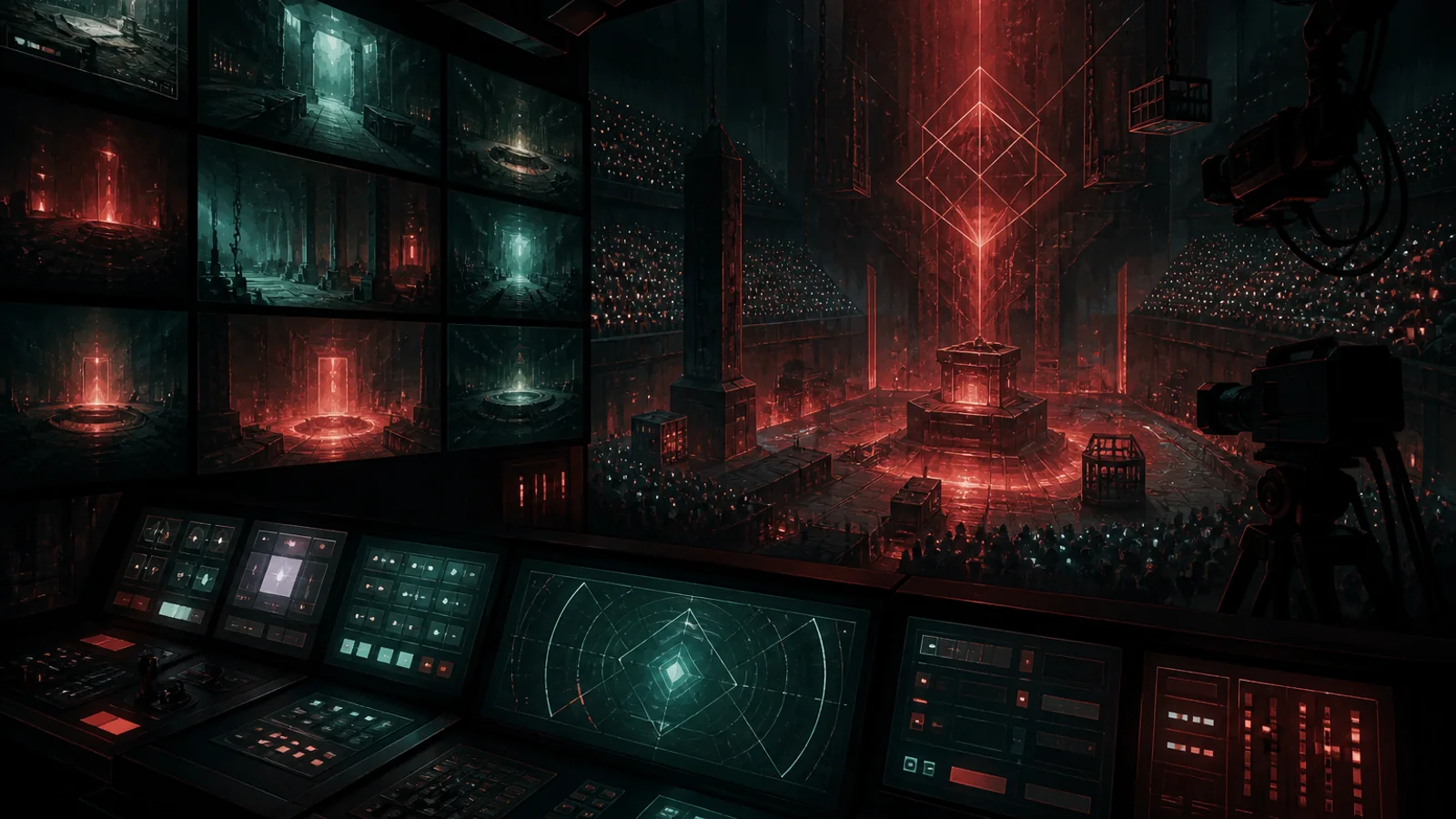 An abstract broadcast control room dissolves into a glowing dungeon chamber