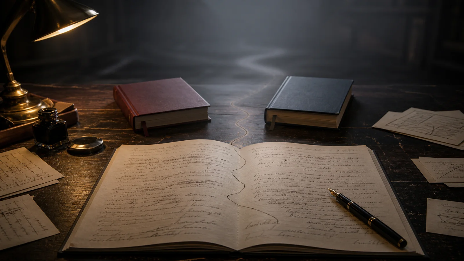 An open manuscript on a dark writing desk branches toward two unbranded clothbound books in the distance