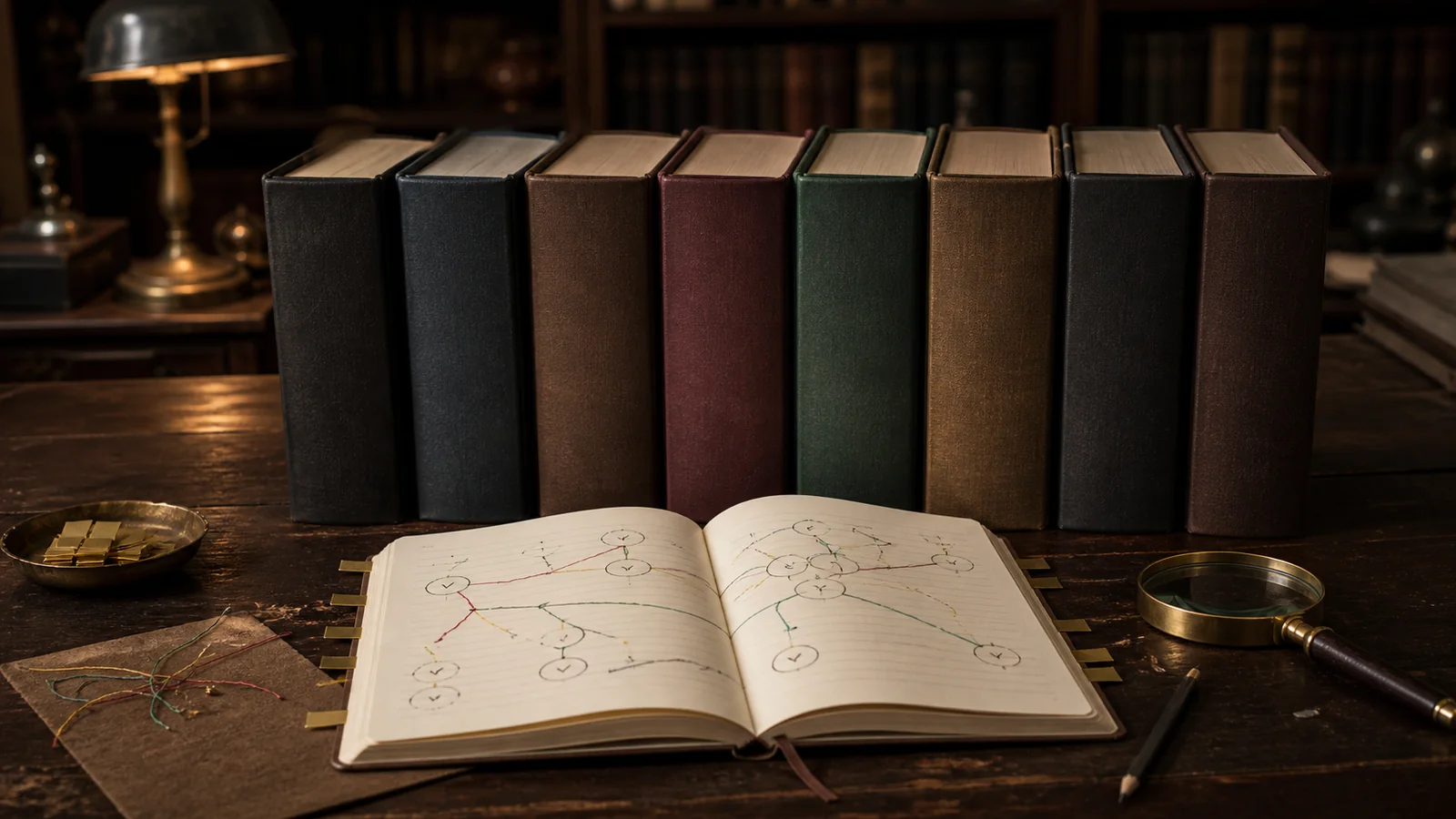 Eight unbranded clothbound volumes stand behind an open notebook of abstract check marks and connected story threads on a library table