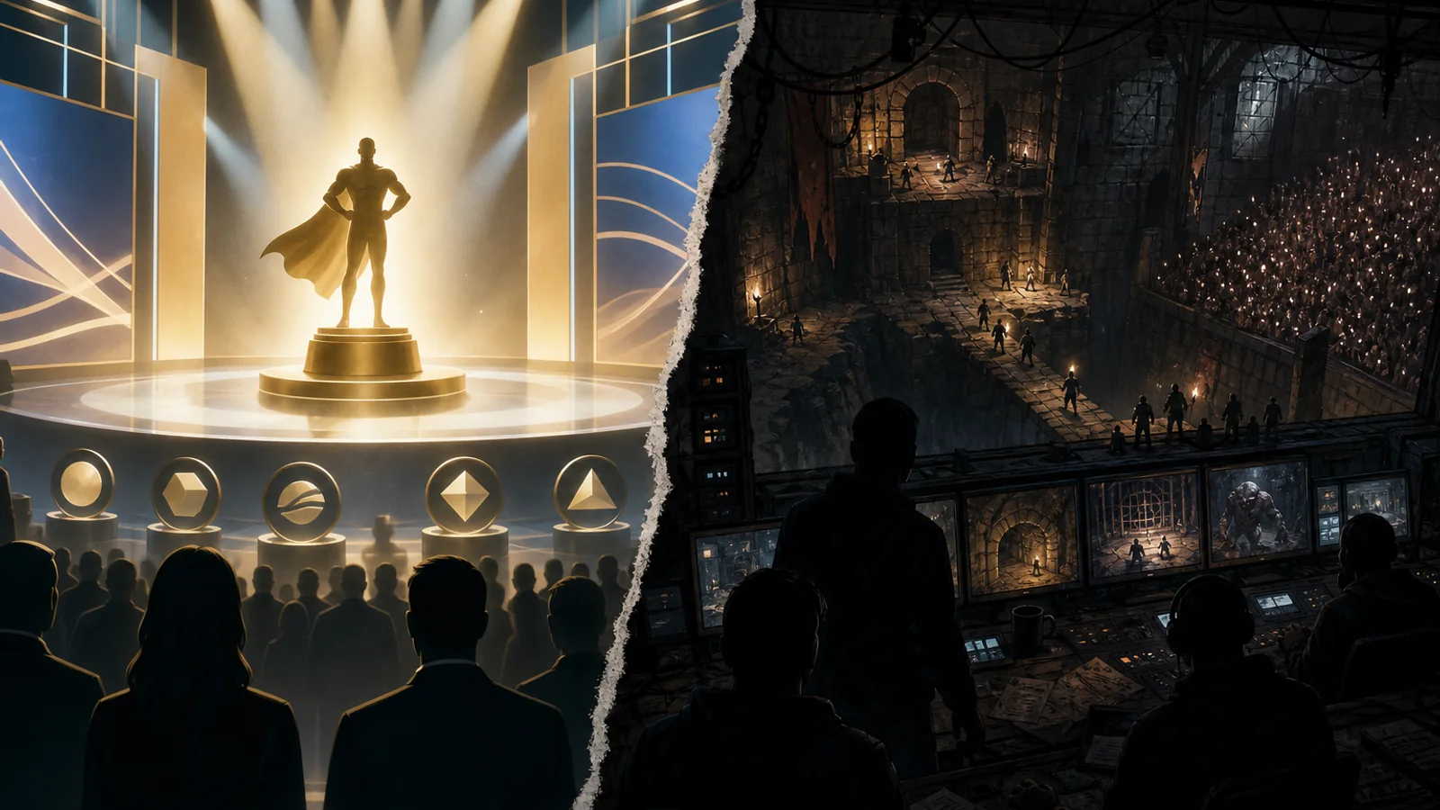 A split stage contrasts a polished anonymous hero display with a dungeon broadcast control room