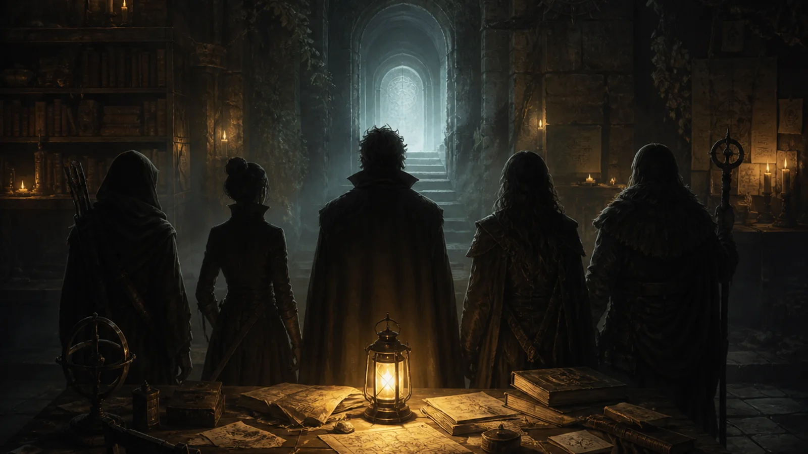 Five generic silhouettes gather around a lantern-lit research table before a glowing safe-room doorway