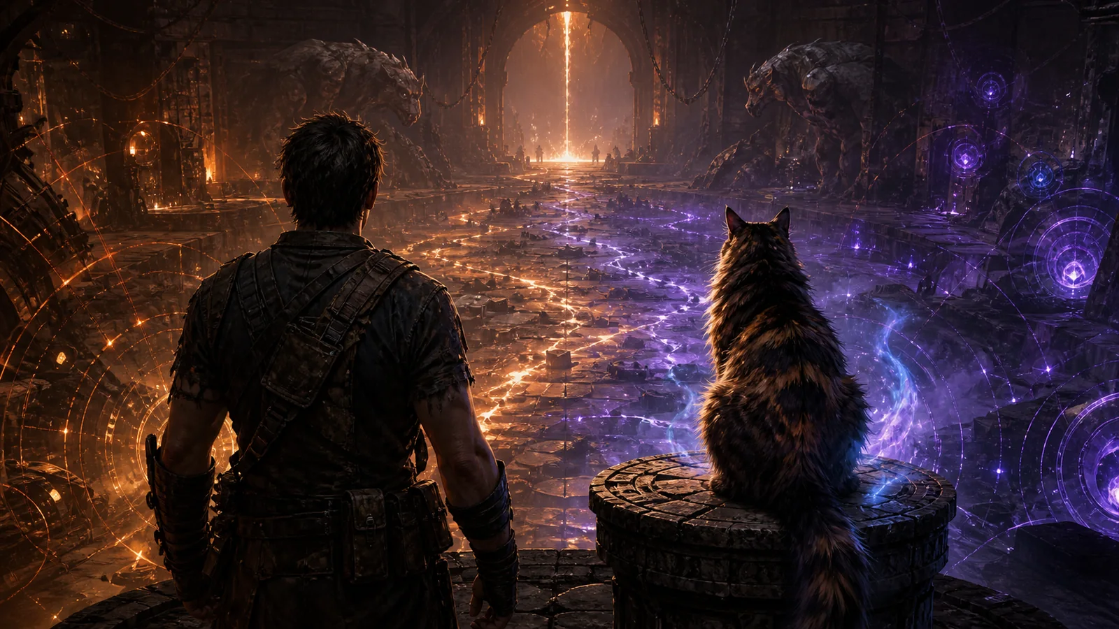 An anonymous survivor and a long-haired tortoiseshell cat share equal visual weight as amber tactical and violet magical paths join before them