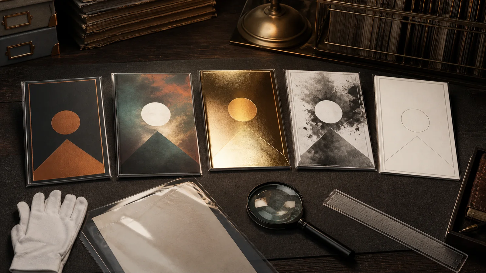 Five unbranded geometric comic editions in standard, borderless, foil, black-and-white, and blank treatments rest beside archival supplies