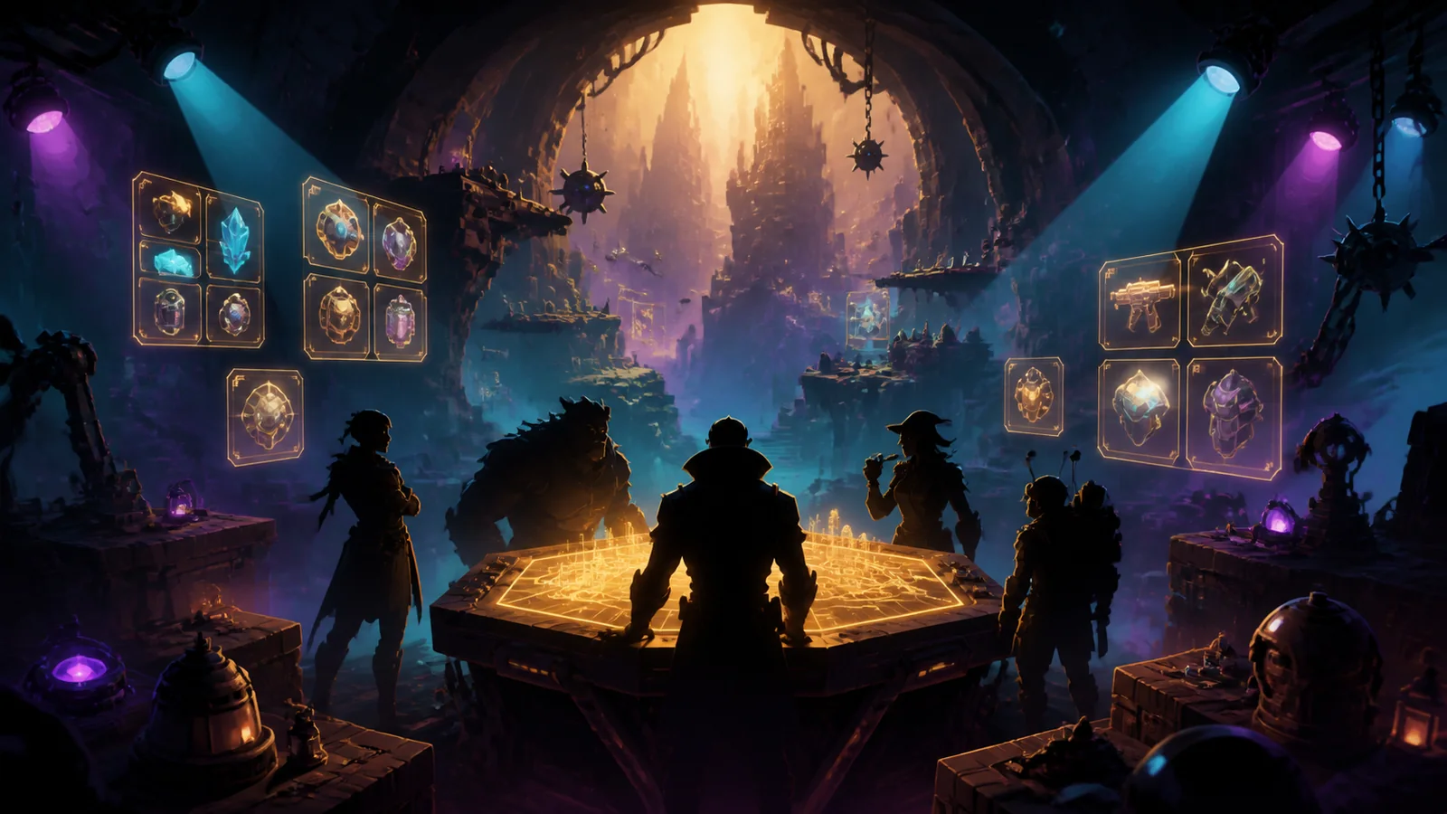 Five generic silhouettes gather around a glowing tactical map in a colorful dungeon chamber