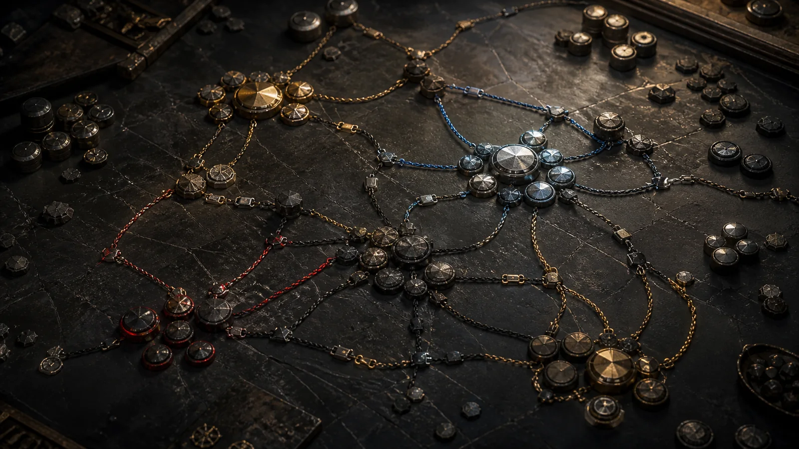Clusters of metal tokens connected by gold, blue, red, and repaired cords across a dark tactical table