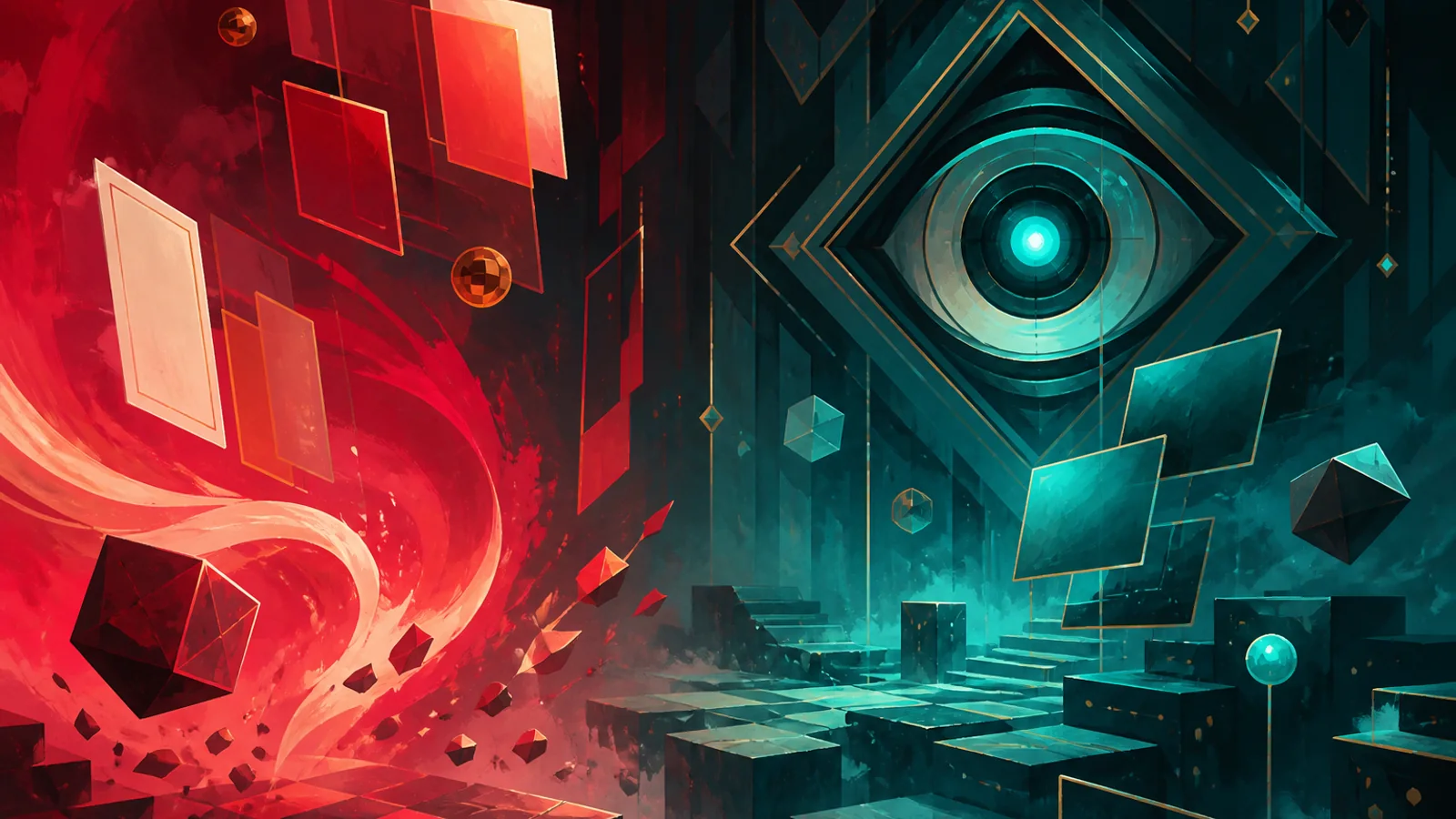 Abstract red and teal geometric forms face a mechanical eye made of concentric shapes