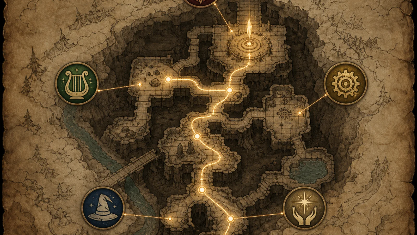 A tabletop role map connects generic class archetypes to a glowing dungeon route