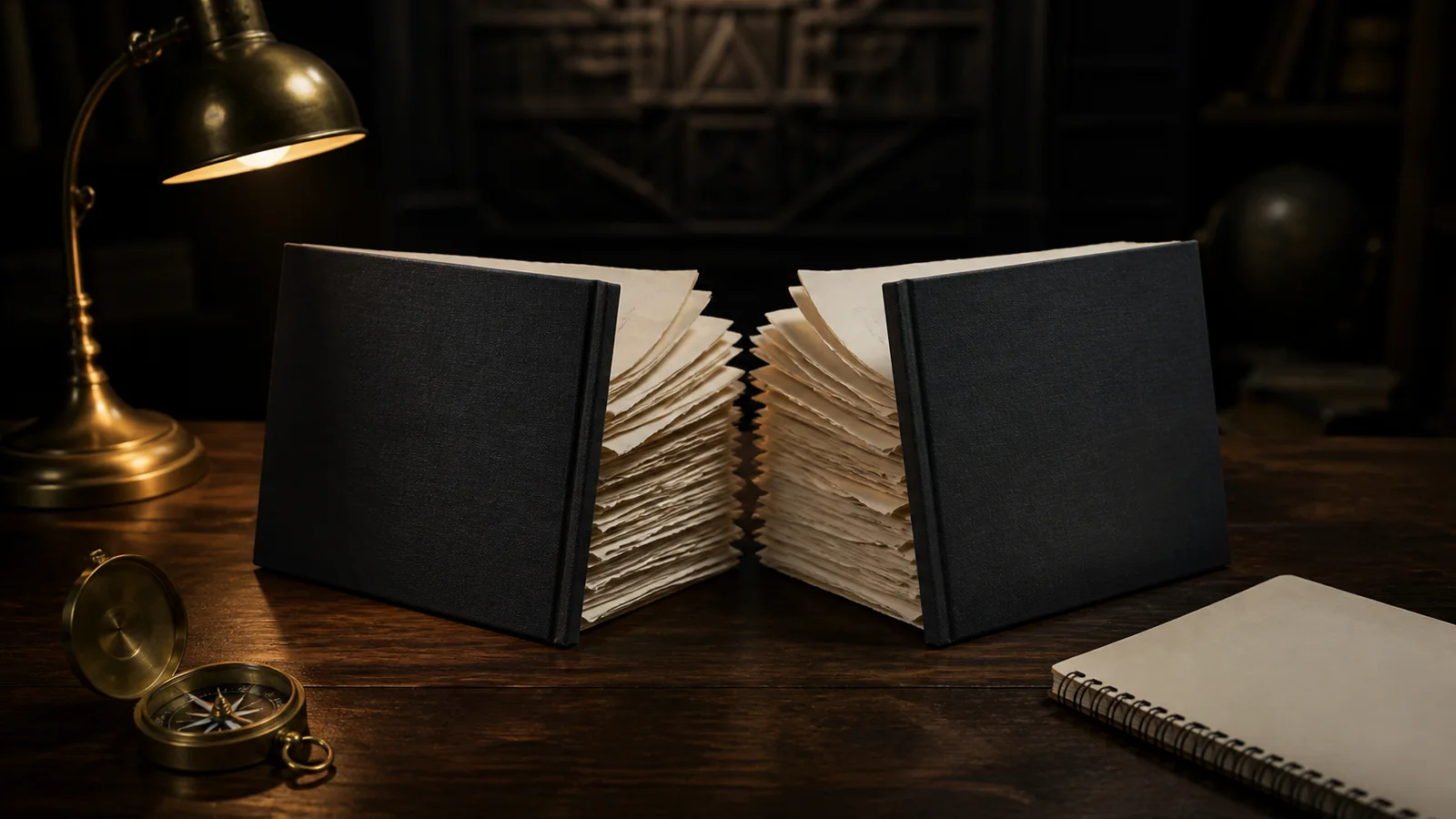 Two unbranded dark volumes dividing a long unfinished manuscript on a warmly lit writing desk