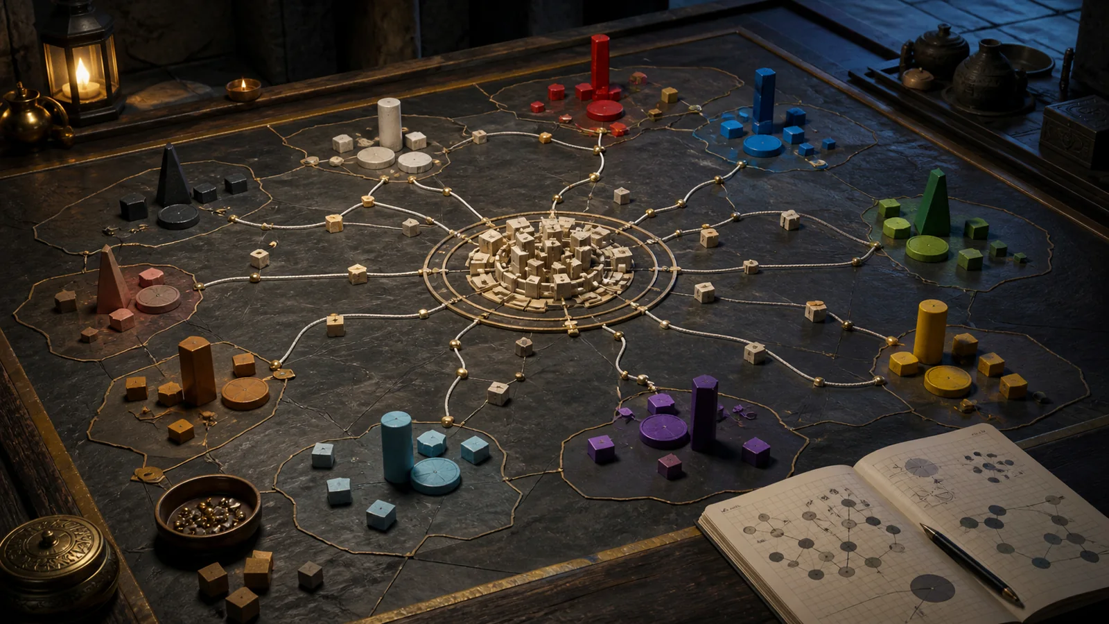 An abstract tabletop war-room board places ten unlabeled colored faction markers around a central city model with branching routes