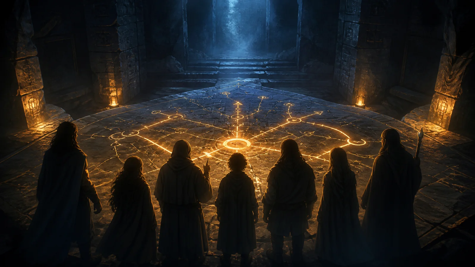 Generic cloaked silhouettes study a glowing route map inside a dungeon chamber