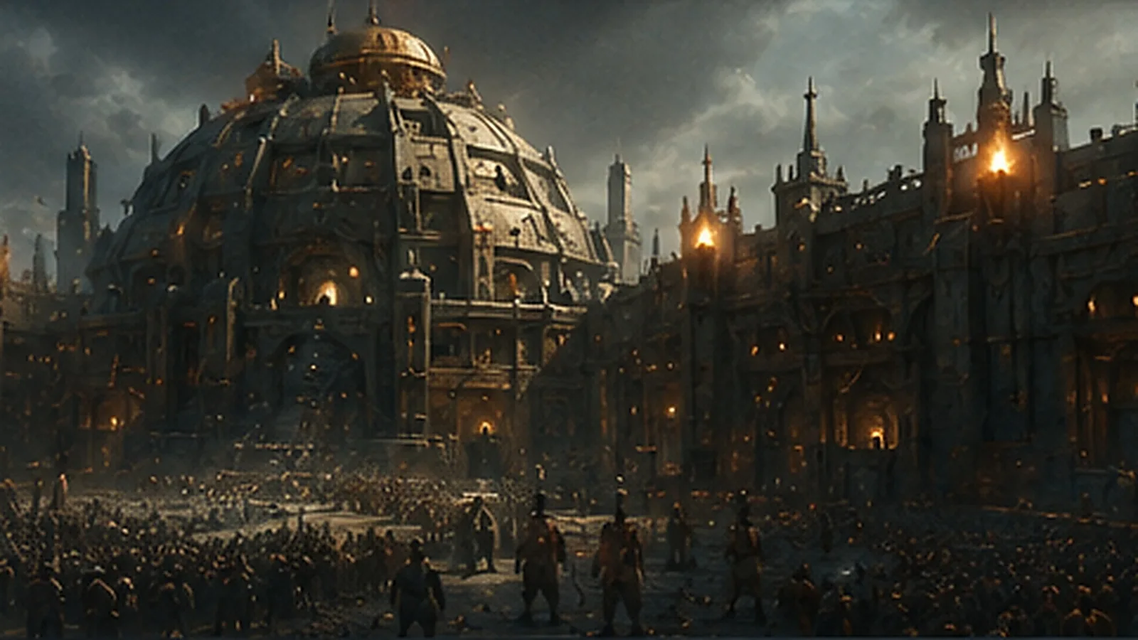 A vertical sequence of dungeon chambers changing from narrow corridors to transit routes, divided biomes, a race maze, a card battlefield, and a fortified war zone