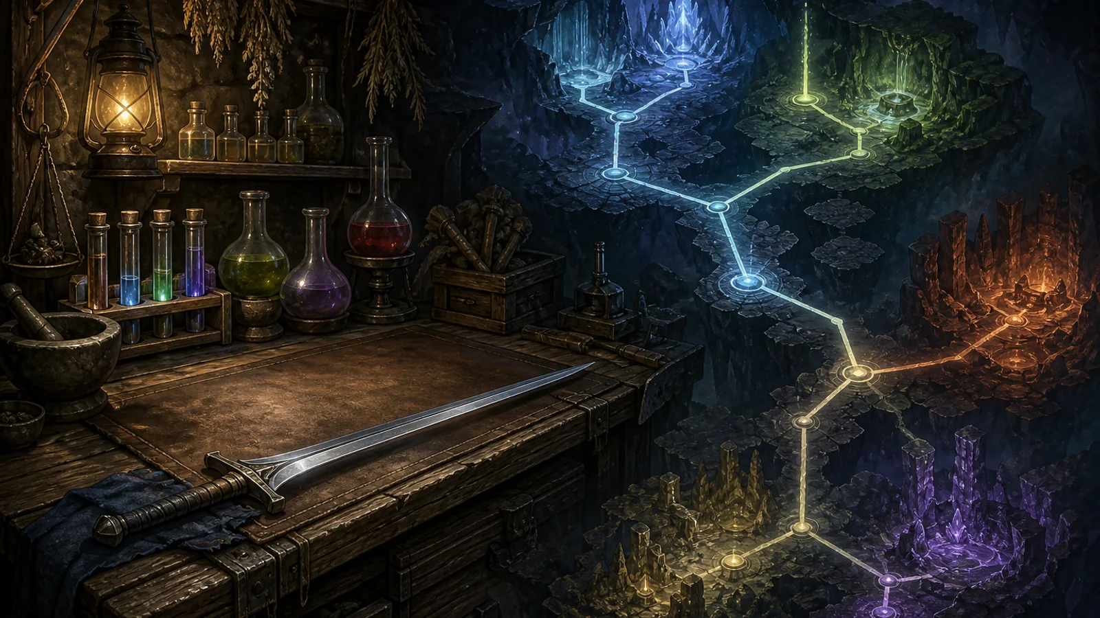 An alchemy workbench and silver blade sit beside a branching glowing dungeon map