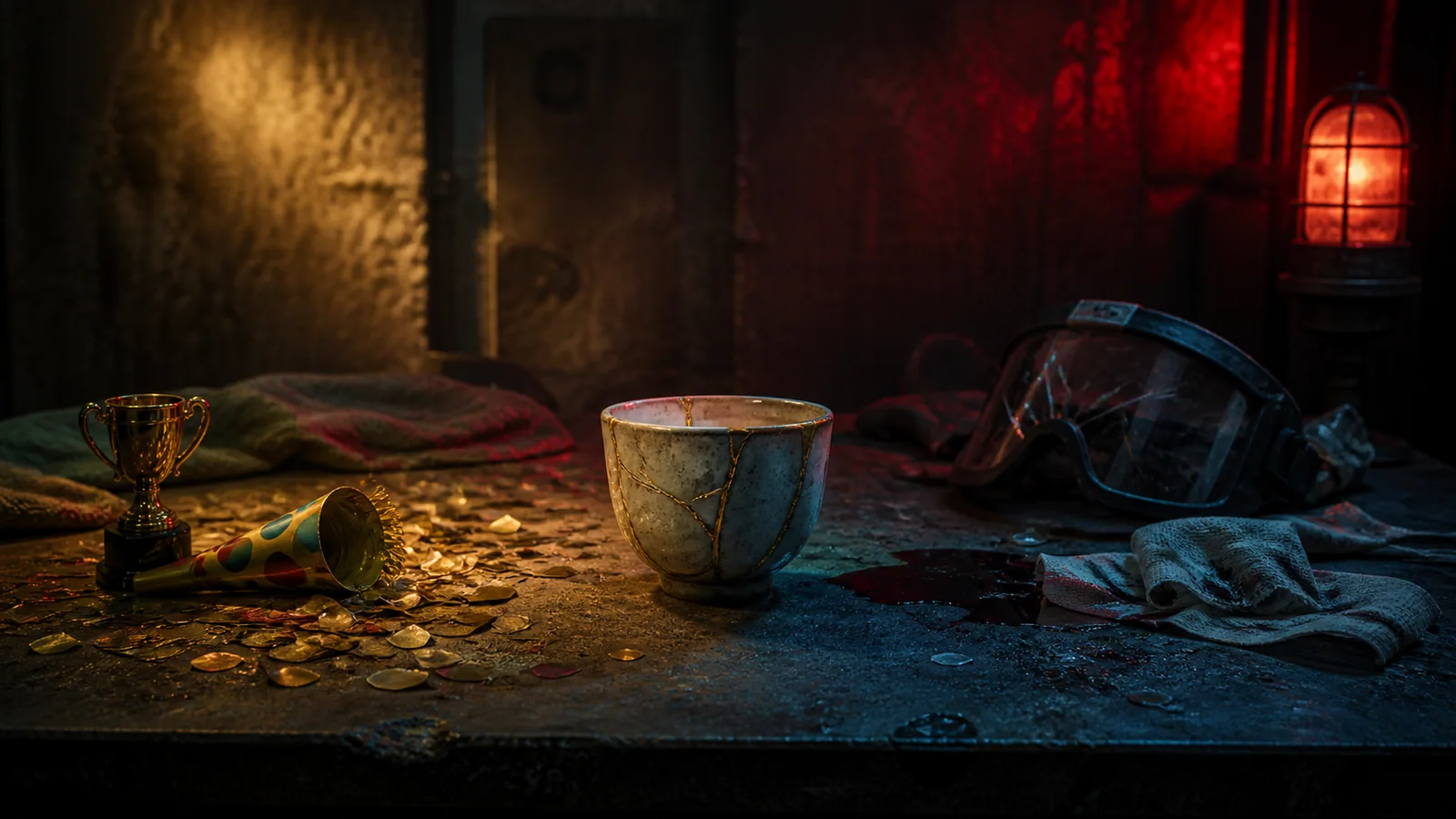 A repaired ceramic cup between party confetti and a tiny trophy on one side and damaged protective gear under an emergency light on the other