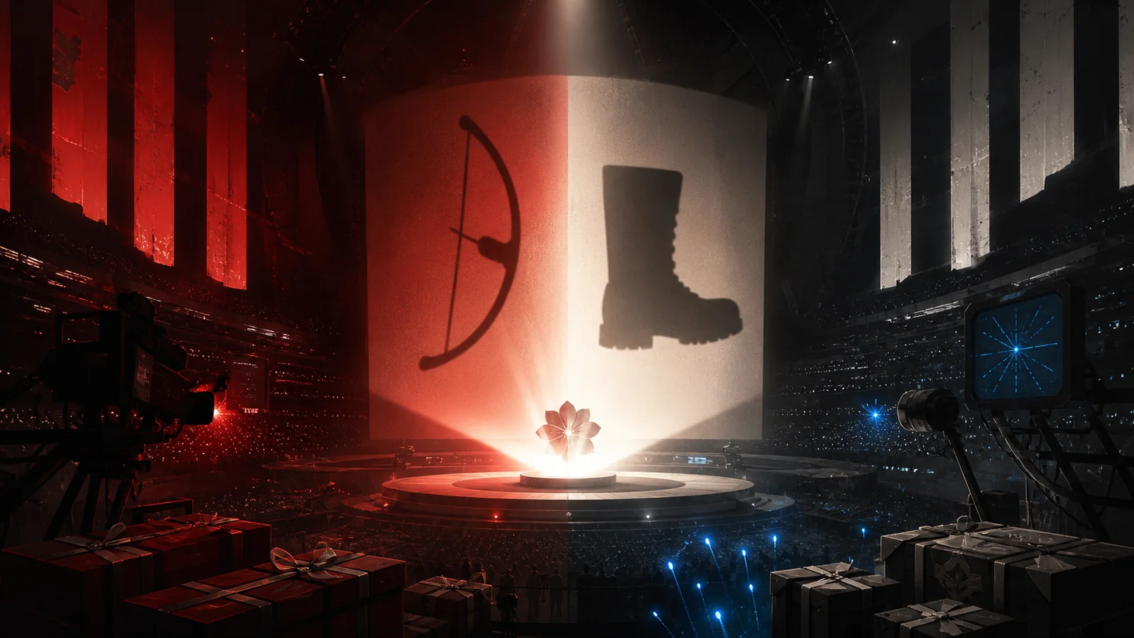 An abstract split arena stage with cameras, sponsor gift boxes, and a glowing rebel signal