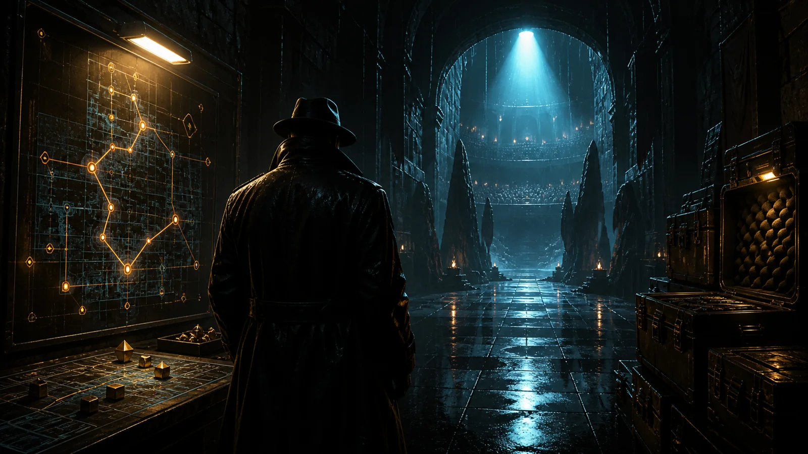 A generic back-facing trench-coat silhouette studies a glowing dungeon route map beside locked inventory cases