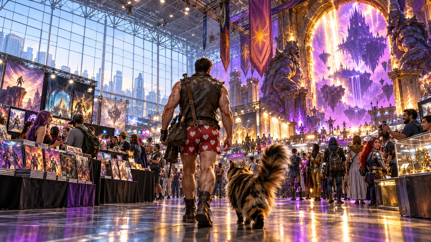 Original fantasy illustration of a comic convention, a dungeon portal, a crawler and a cat