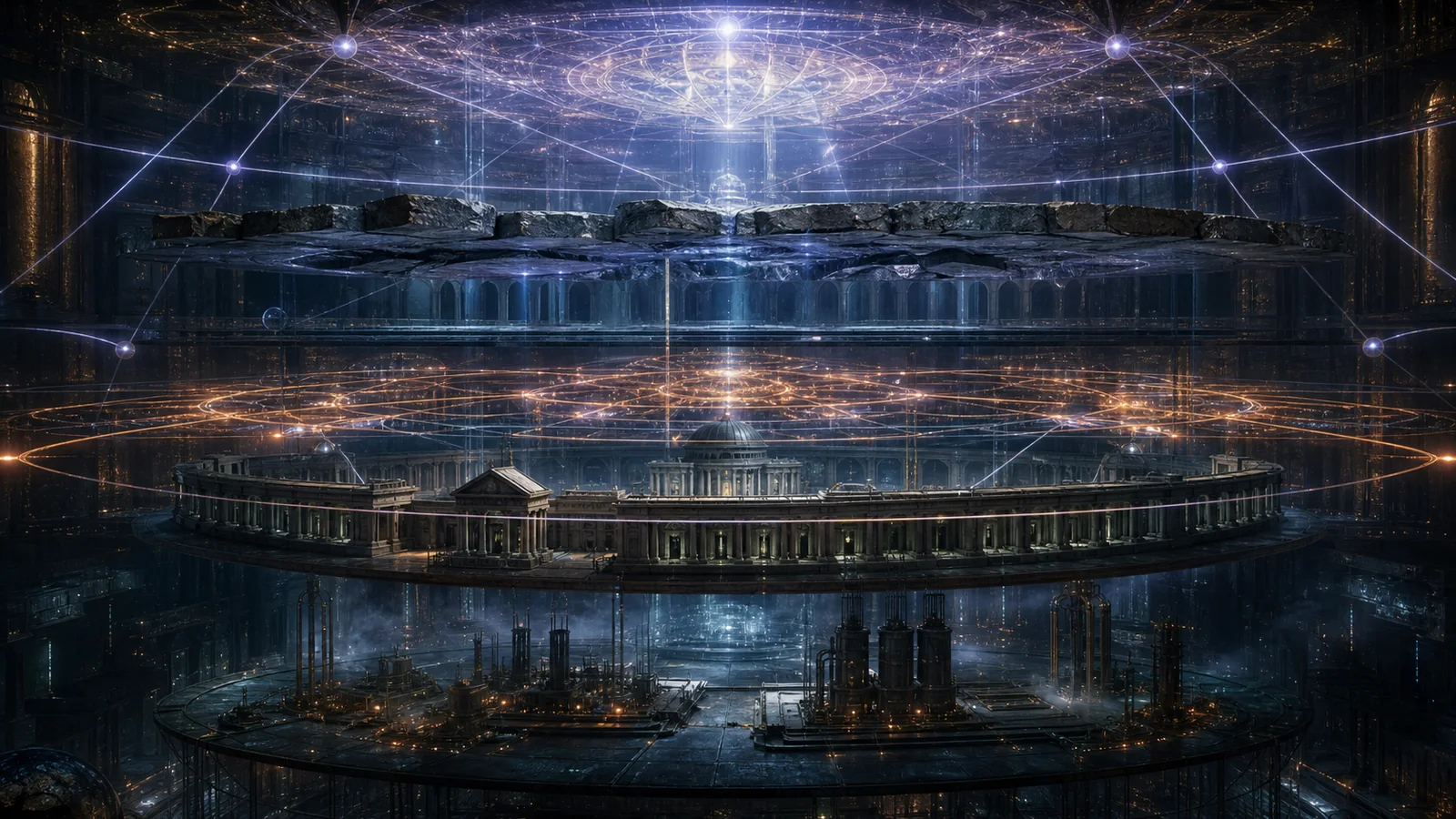 Suspended industrial, governmental, stone, and luminous control layers connected inside a vast dark chamber