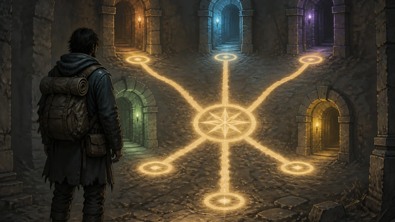 A lone traveler studies a branching glowing floor map before anonymous stone corridors