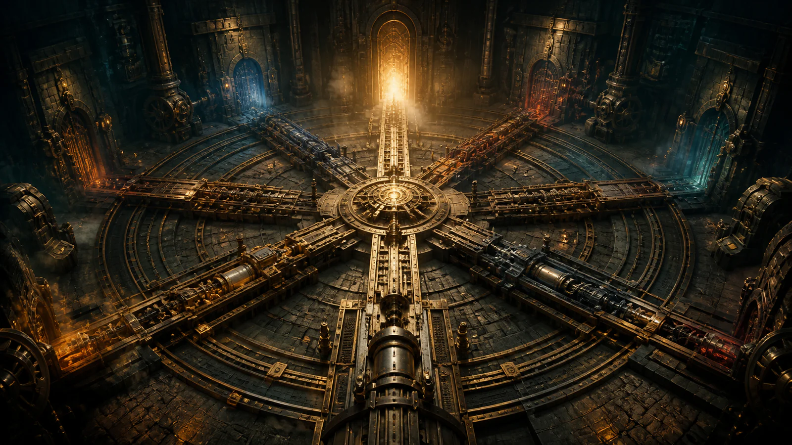 Six mechanical pathways converge on an illuminated threshold inside a vast dungeon mechanism