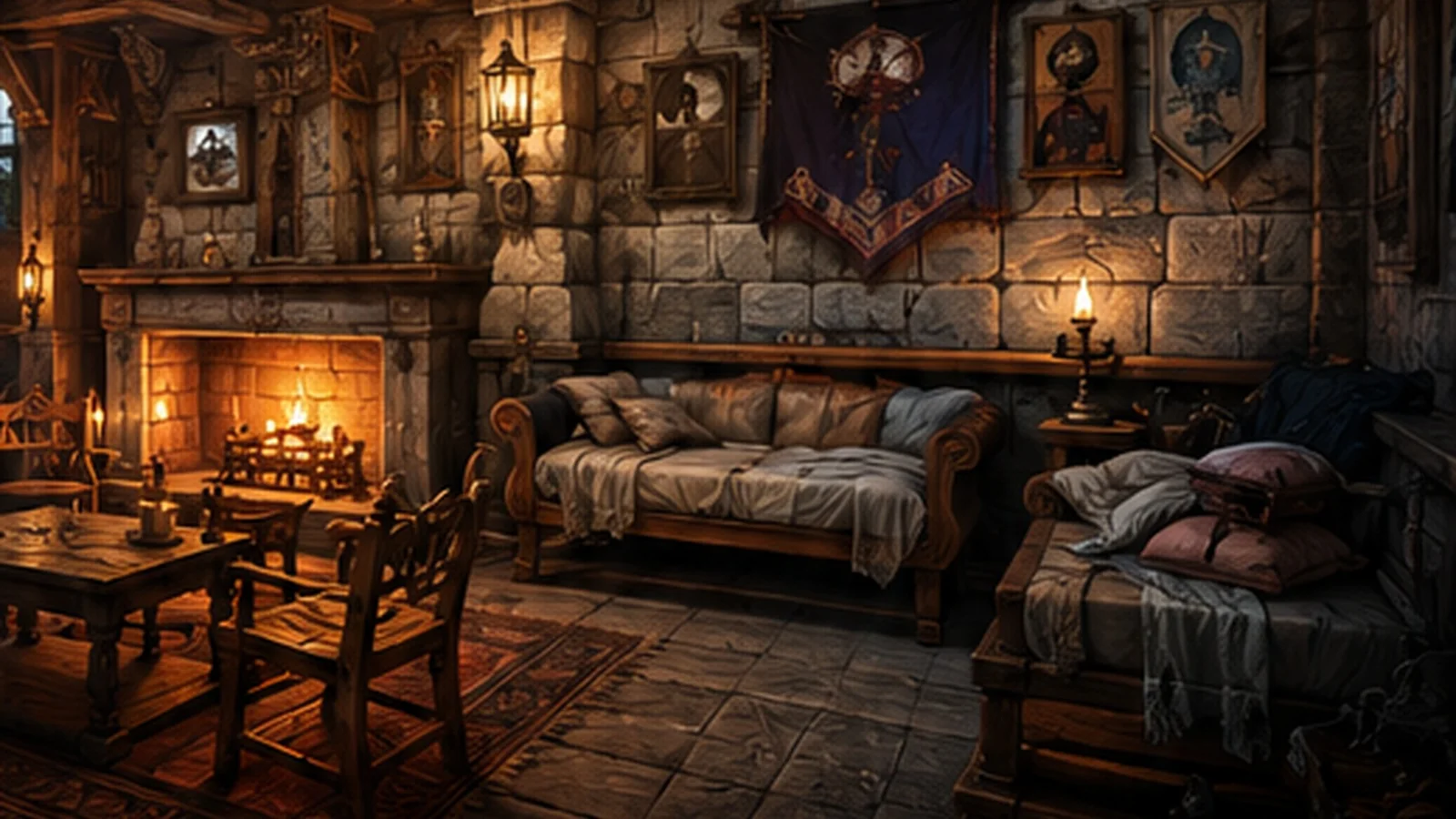 A warm stone safe room with beds, a couch, a planning table, supplies, and a lit hearth inside the dungeon
