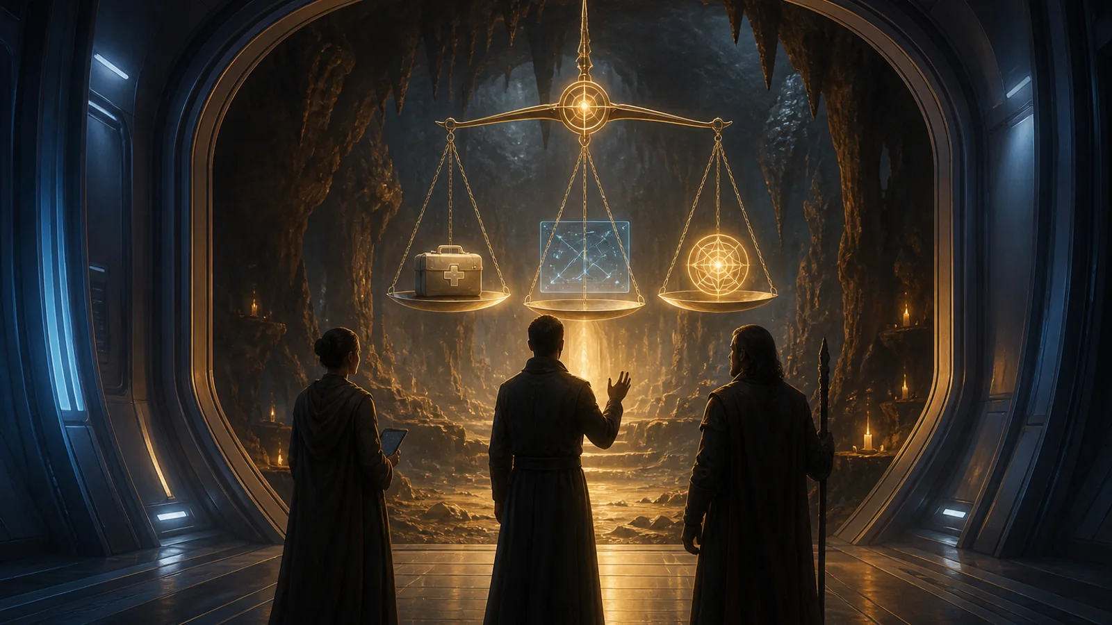 Generic silhouettes weigh medical care, a star map, and a glowing rule sigil before a dungeon