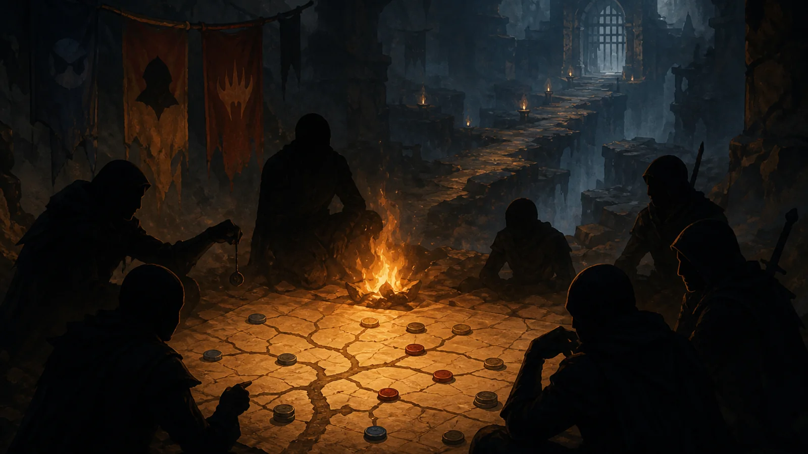 Anonymous silhouettes weigh alliance tokens and risk paths around a lantern-lit map