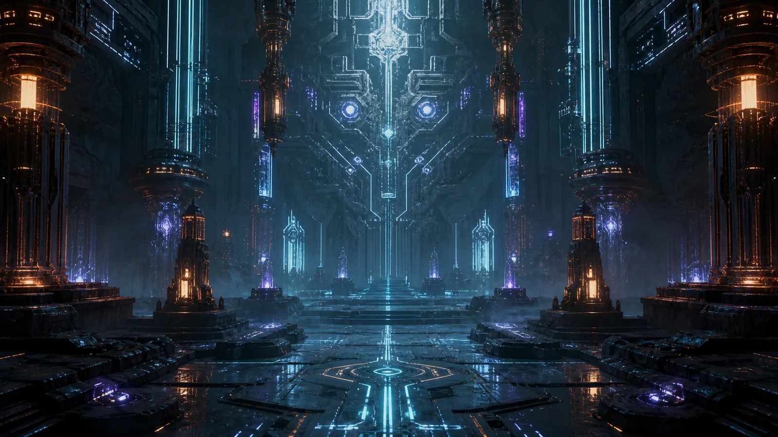 A vast subterranean control hall whose floor, walls, gates, and suspended machinery share one luminous circuit network