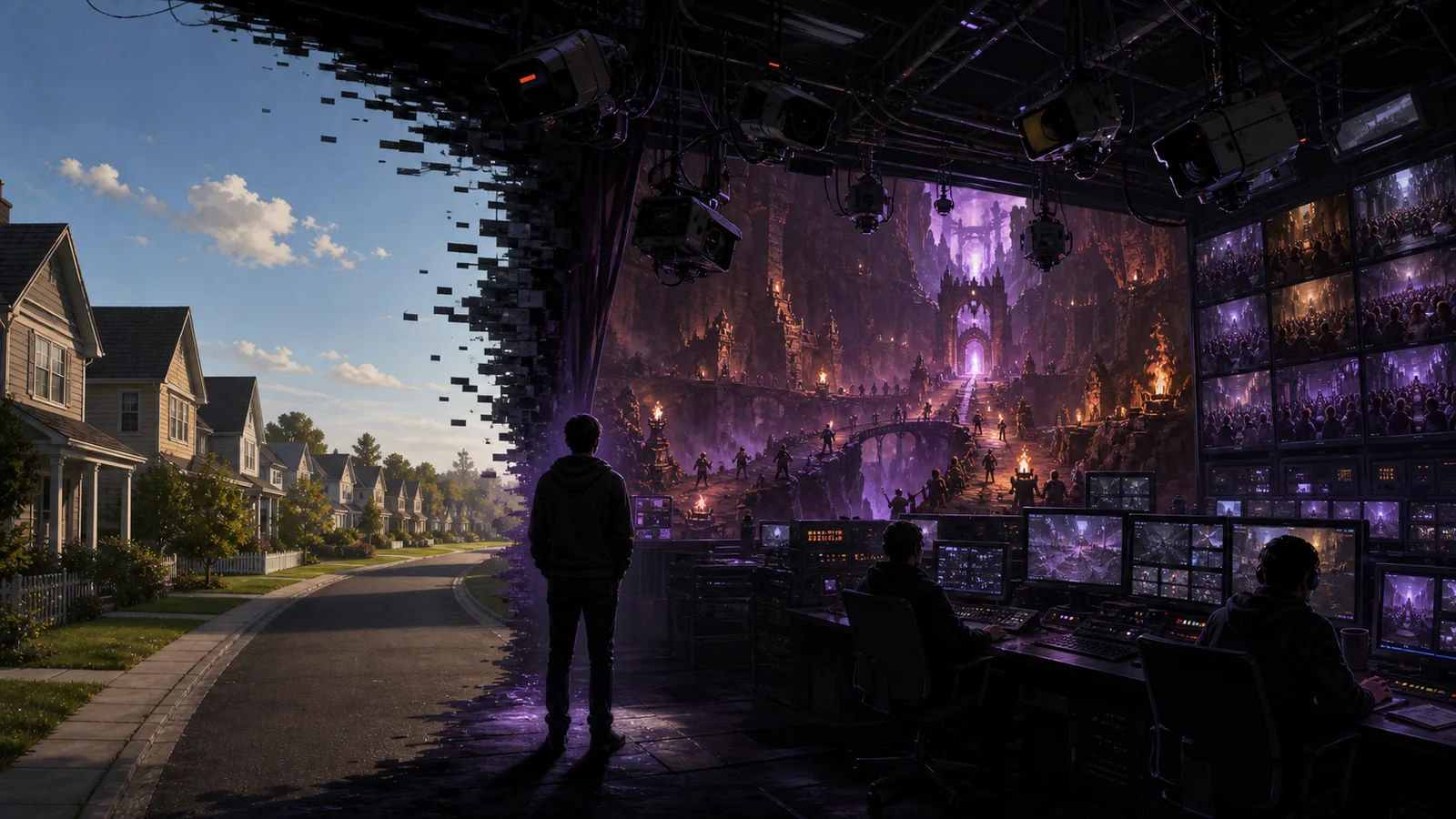 A generic suburban street dissolves into a dungeon broadcast control room