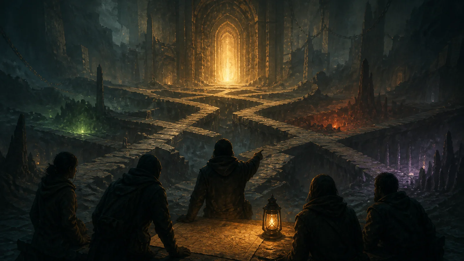 Generic survivor silhouettes study a lantern-lit map before a branching glowing dungeon entrance