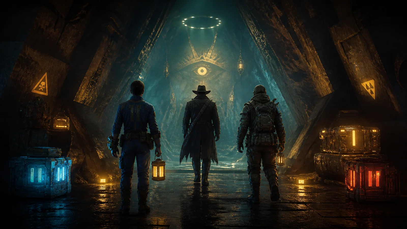 Three generic silhouettes approach a glowing dungeon corridor with inventory crates and audience lights
