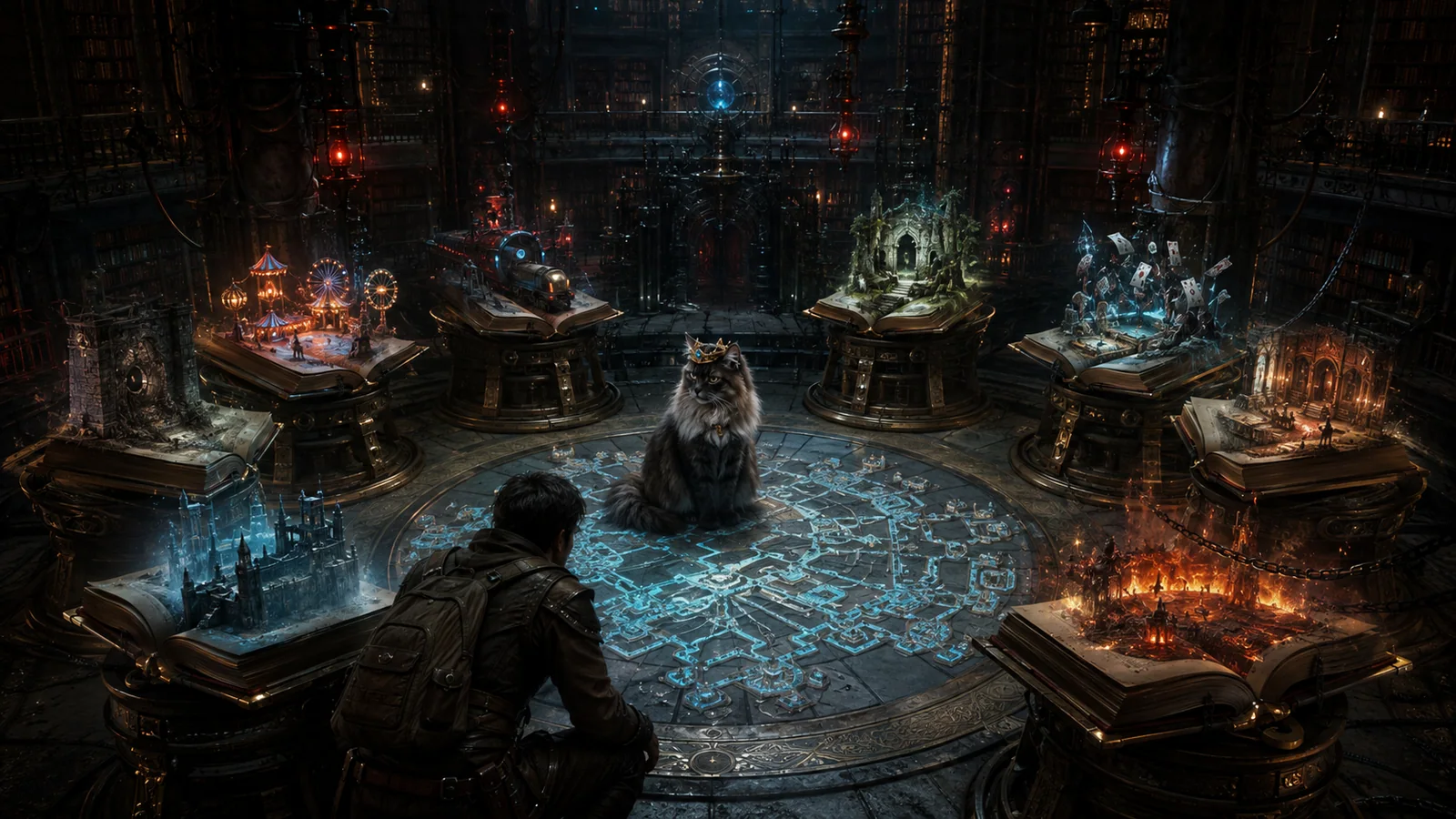 Original interpretive rendering of a dungeon archive arranged around a glowing floor map.