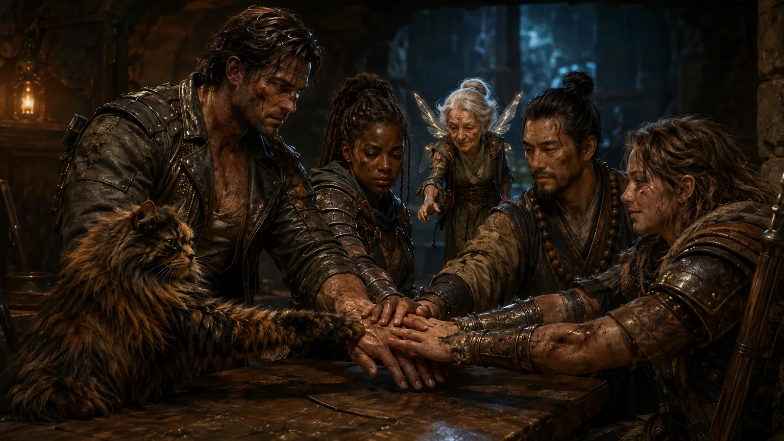 Original interpretive rendering of allied crawlers joining hands around a planning table.