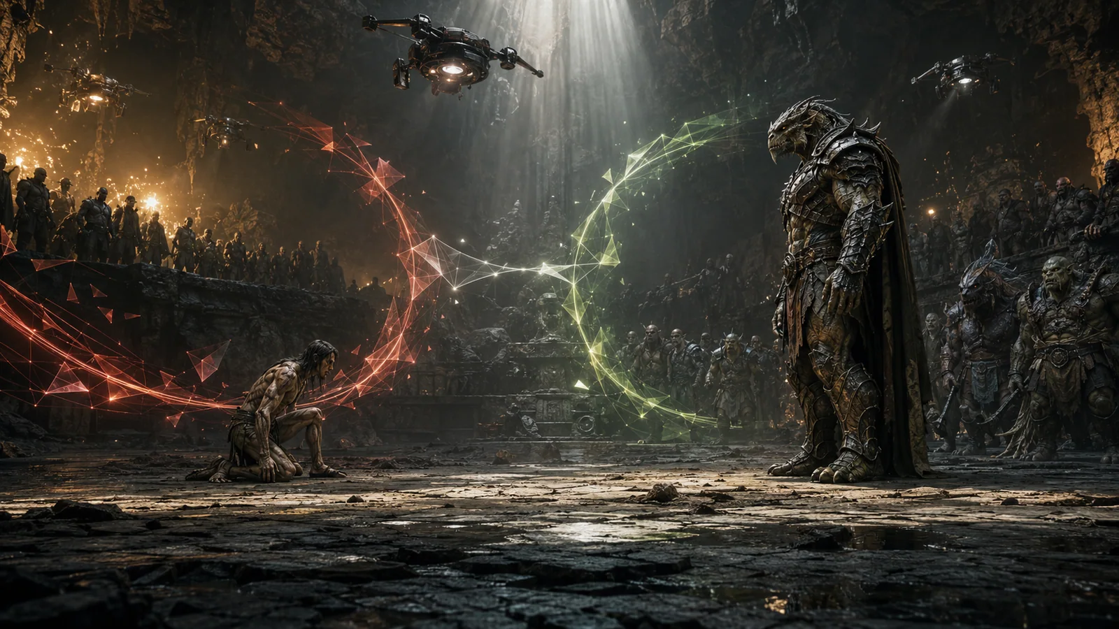 Original interpretive rendering of a crawler and armored monster facing opposing arena crowds.
