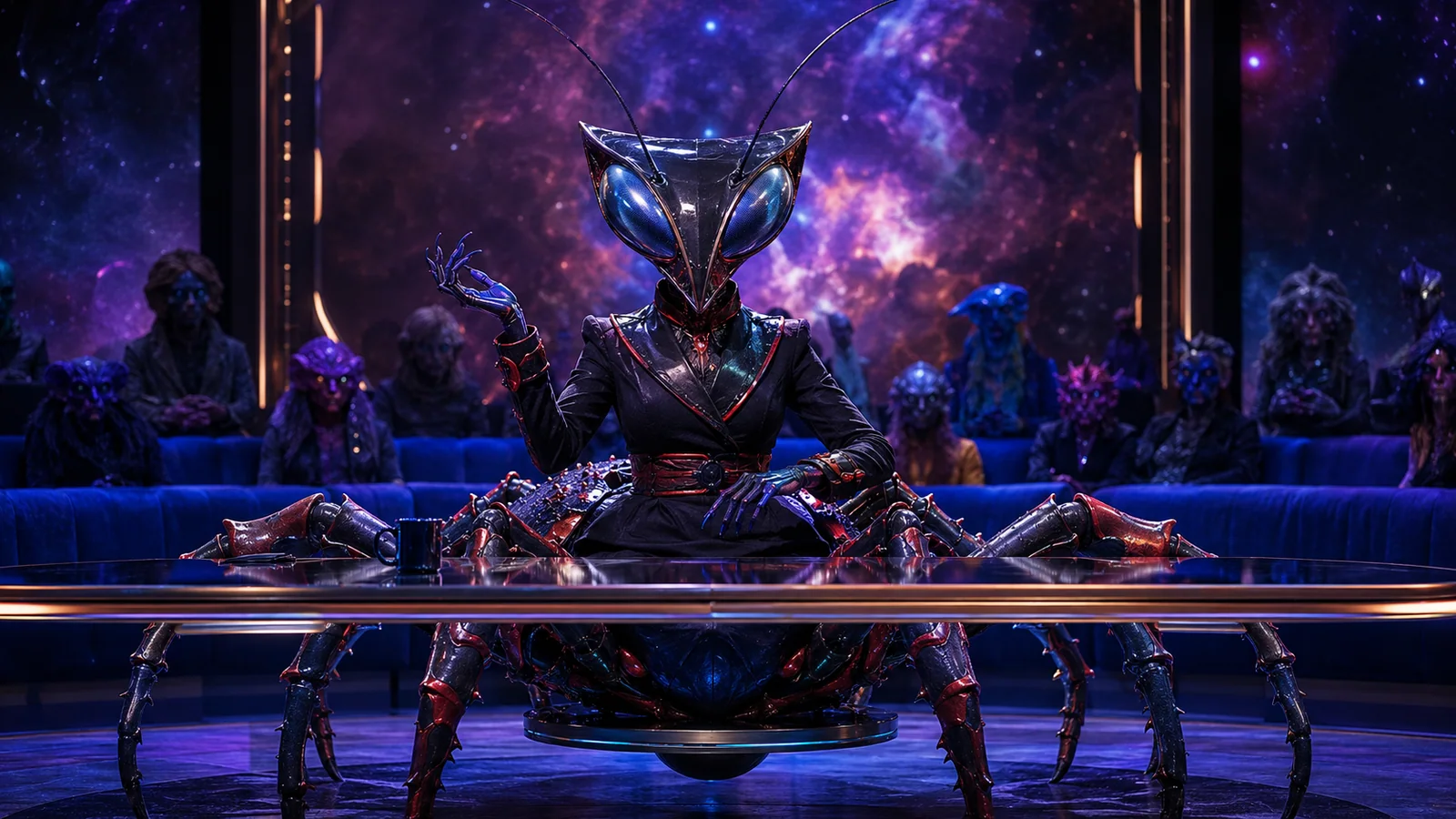 Original interpretive rendering of Odette presiding over a brightly lit interview desk.