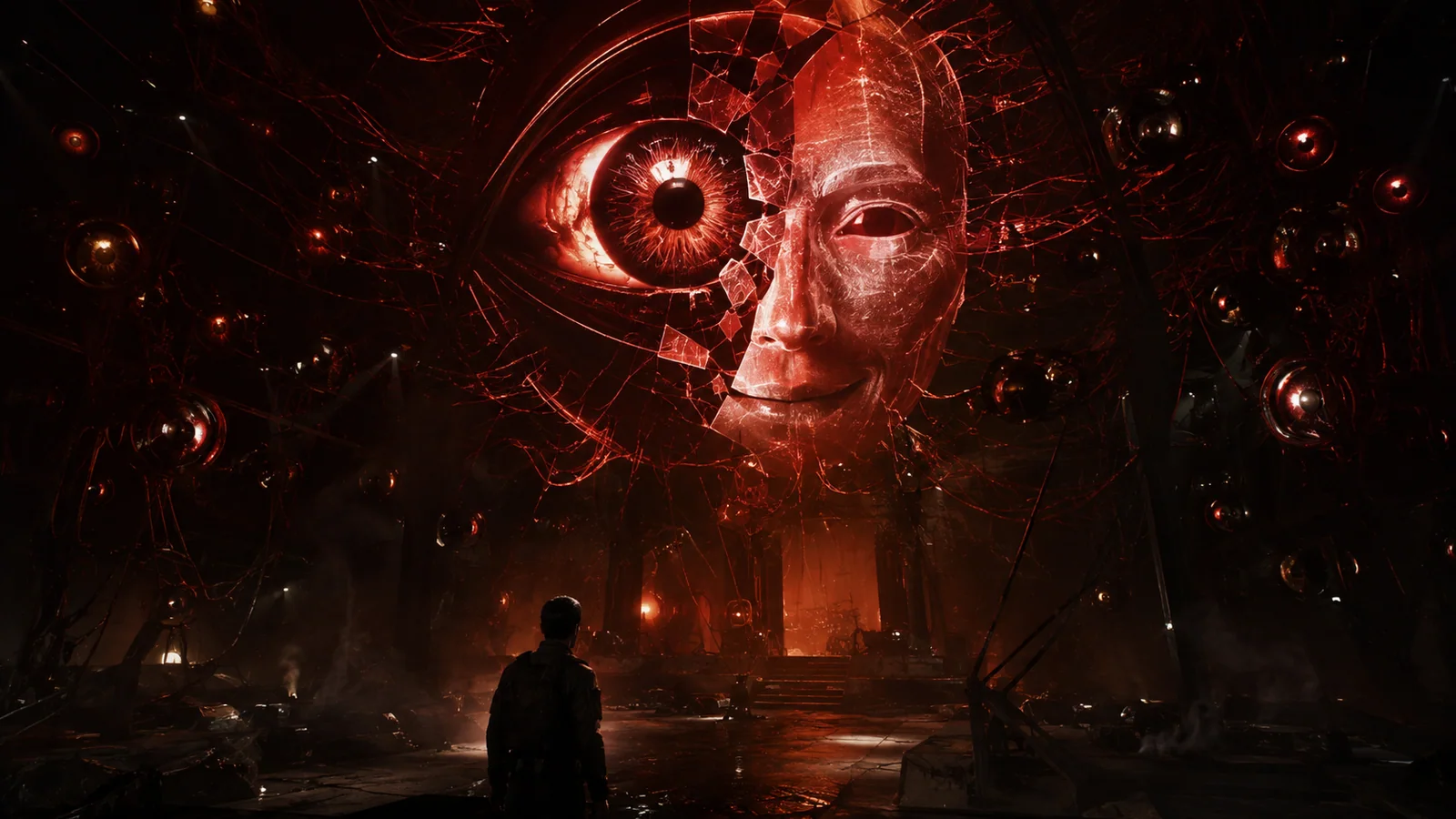 Original interpretive rendering of a crawler facing the System AI's vast red mechanical eye.