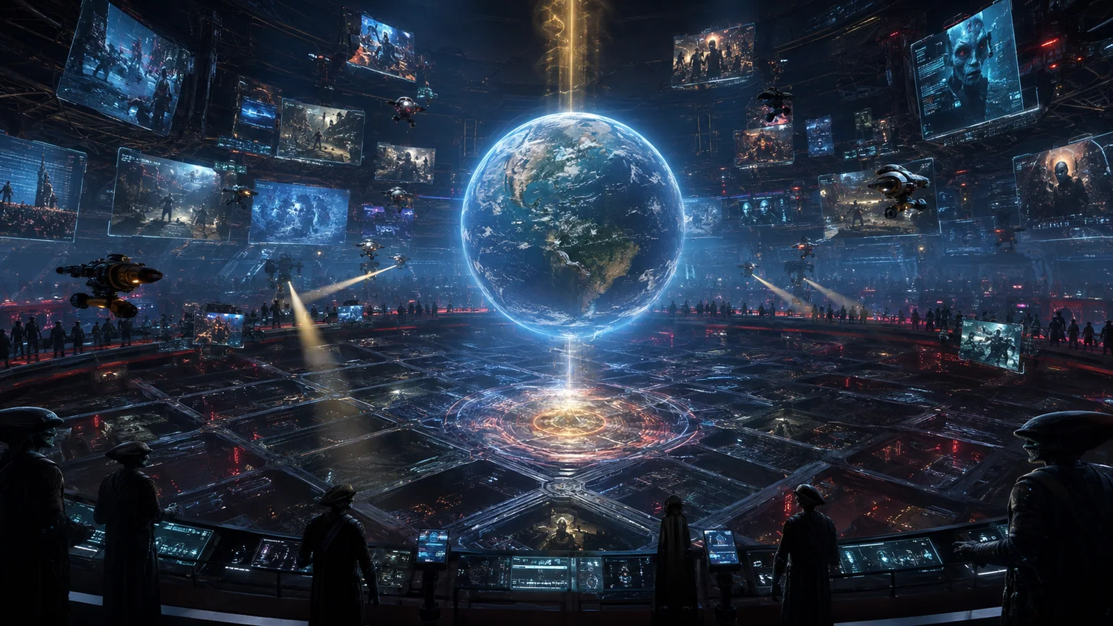 Original interpretive rendering of Earth as a hologram inside an off-world broadcast control room.