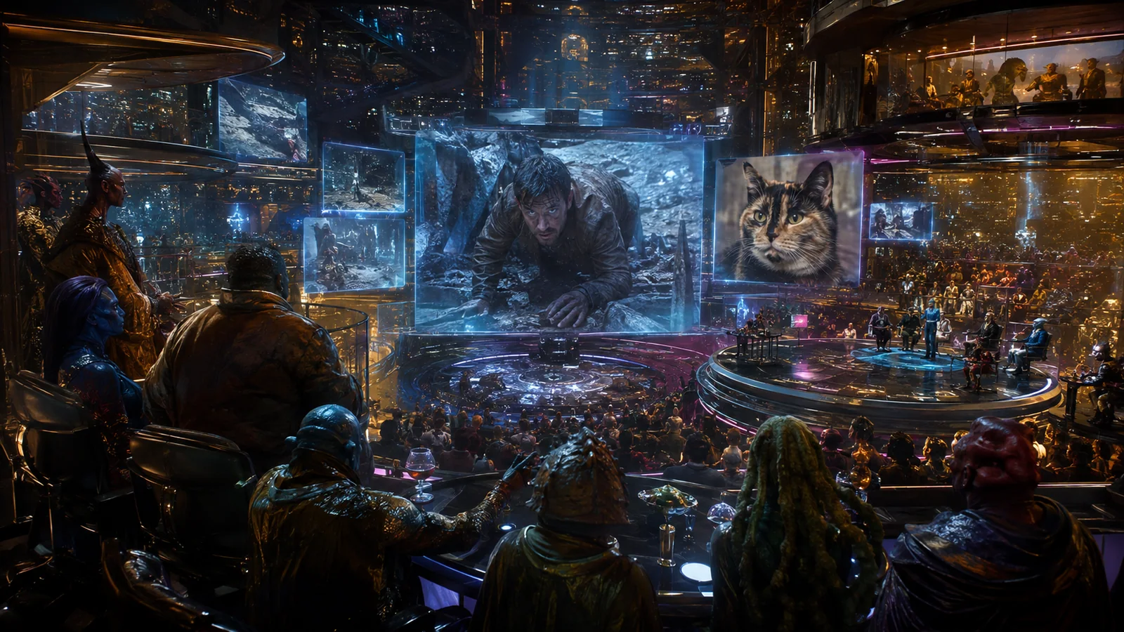 Original interpretive rendering of a crowded broadcast control room tracking the crawl.