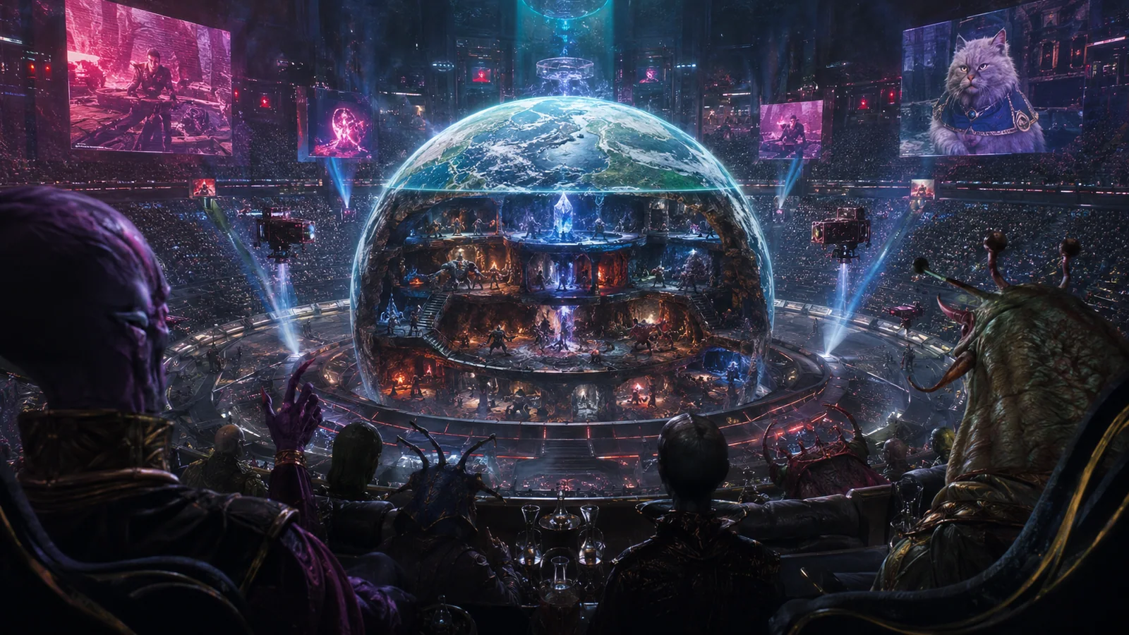 Original interpretive rendering of spectators watching the dungeon inside a holographic globe.