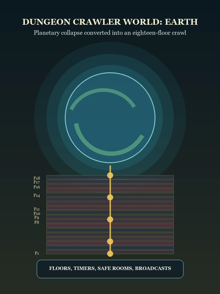Dungeon Crawler World Earth diagram showing the planet converted into an eighteen floor crawl
