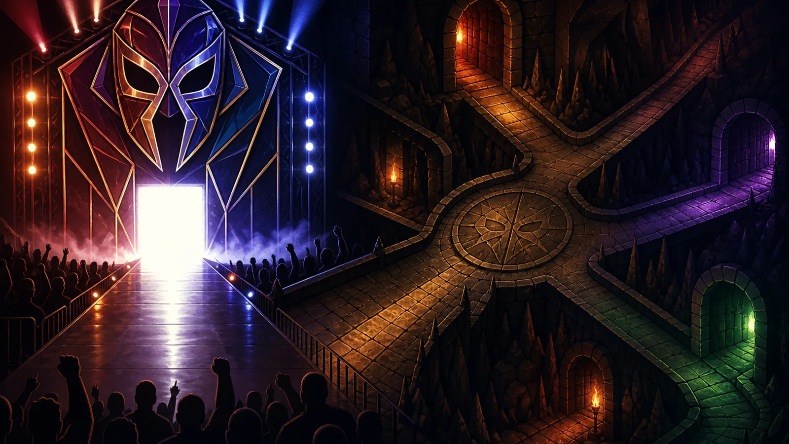 An empty arena stage faces a glowing dungeon route and a sea of anonymous lights